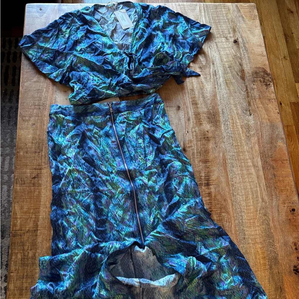 Ramy Brook blue green mermaid maxi high low maxi skirt set crop top NWT - Picture 4 of 11